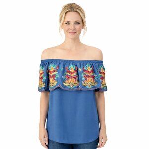 NEW Boho Festival Floral Embroidered Off Shoulder Blouse Size Small Blue Ruffle